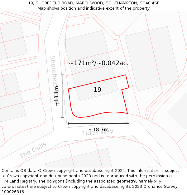 19, SHOREFIELD ROAD, MARCHWOOD, SOUTHAMPTON, SO40 4SR: Plot and title map