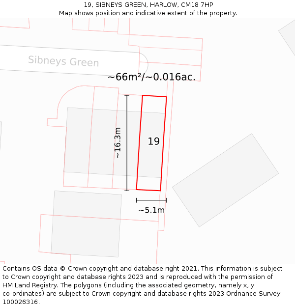 19, SIBNEYS GREEN, HARLOW, CM18 7HP: Plot and title map