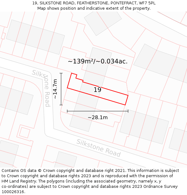 19, SILKSTONE ROAD, FEATHERSTONE, PONTEFRACT, WF7 5PL: Plot and title map