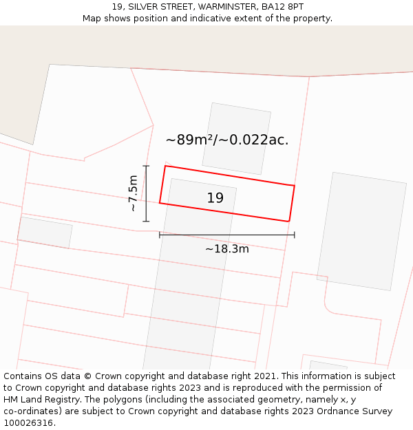 19, SILVER STREET, WARMINSTER, BA12 8PT: Plot and title map