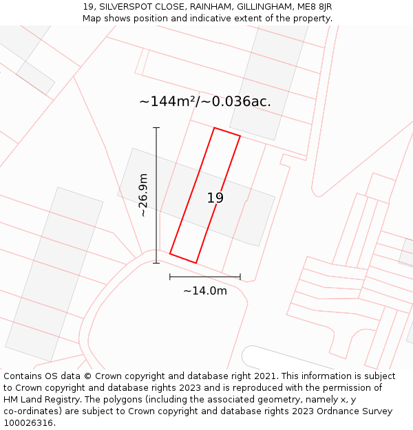 19, SILVERSPOT CLOSE, RAINHAM, GILLINGHAM, ME8 8JR: Plot and title map