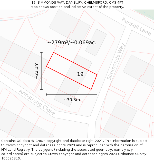 19, SIMMONDS WAY, DANBURY, CHELMSFORD, CM3 4PT: Plot and title map