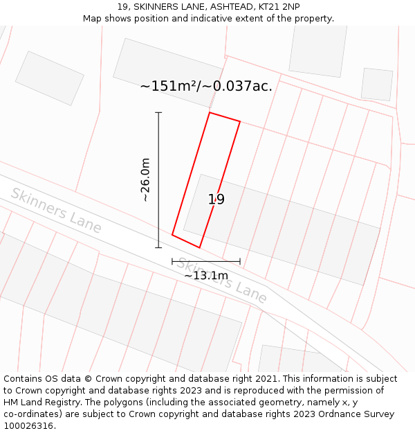 19, SKINNERS LANE, ASHTEAD, KT21 2NP: Plot and title map