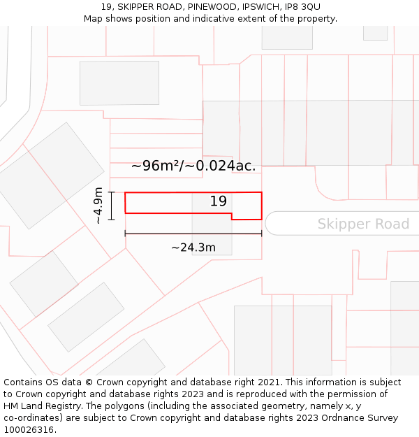 19, SKIPPER ROAD, PINEWOOD, IPSWICH, IP8 3QU: Plot and title map