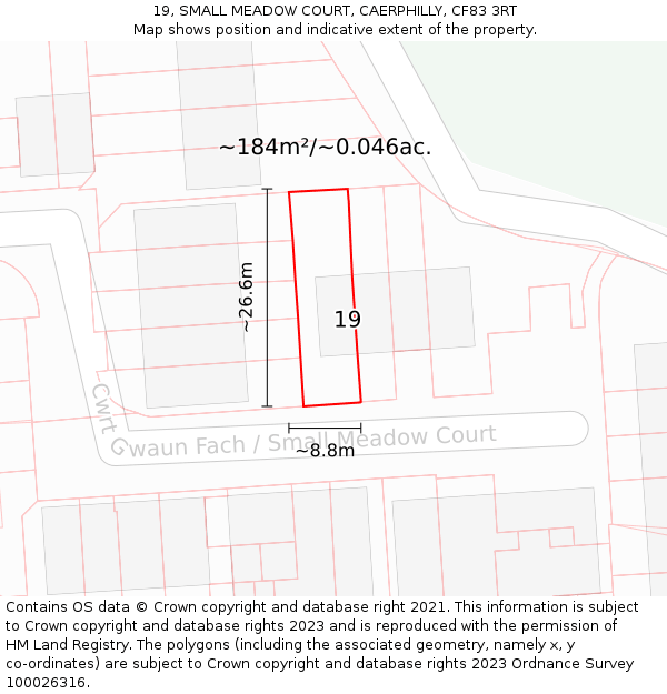 19, SMALL MEADOW COURT, CAERPHILLY, CF83 3RT: Plot and title map