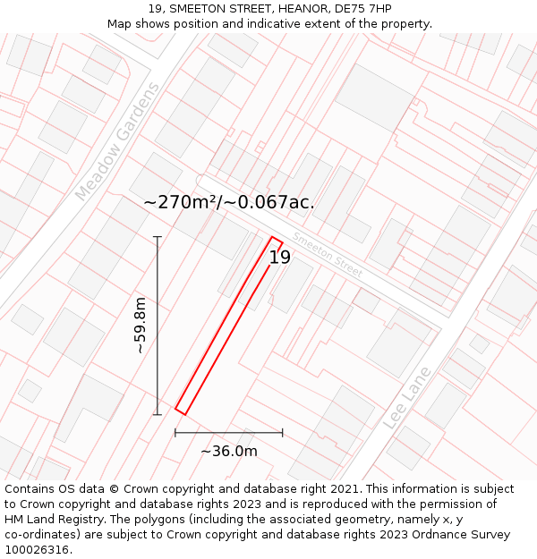 19, SMEETON STREET, HEANOR, DE75 7HP: Plot and title map