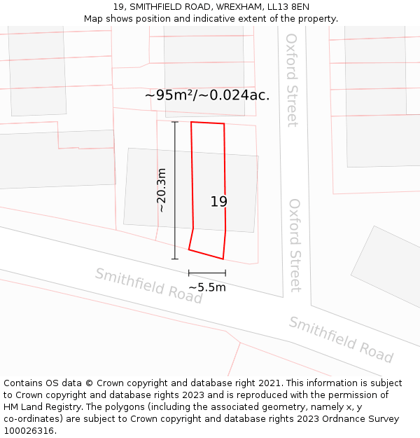 19, SMITHFIELD ROAD, WREXHAM, LL13 8EN: Plot and title map