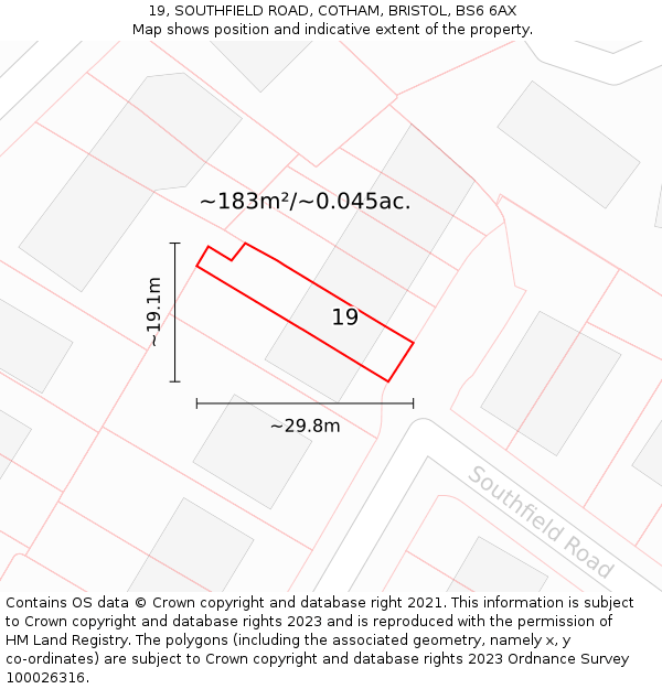 19, SOUTHFIELD ROAD, COTHAM, BRISTOL, BS6 6AX: Plot and title map