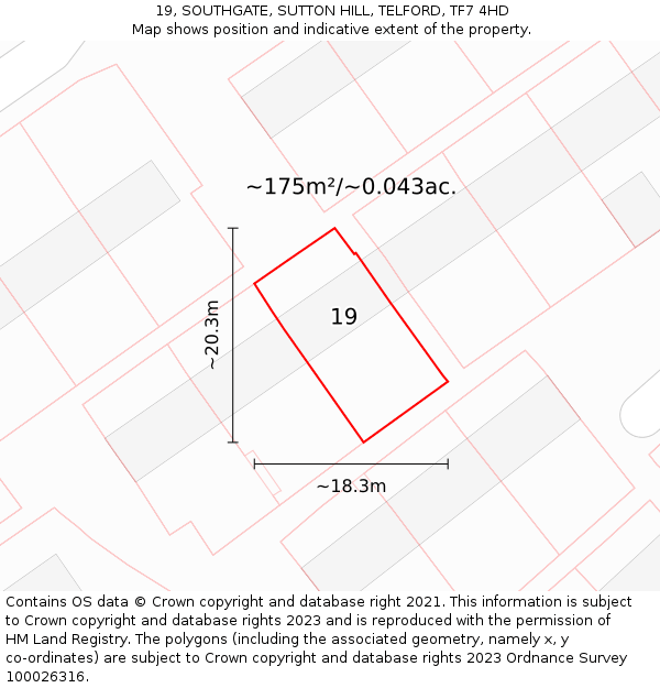19, SOUTHGATE, SUTTON HILL, TELFORD, TF7 4HD: Plot and title map