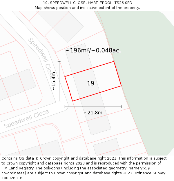 19, SPEEDWELL CLOSE, HARTLEPOOL, TS26 0FD: Plot and title map