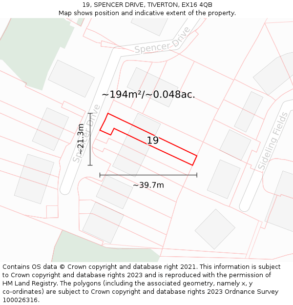 19, SPENCER DRIVE, TIVERTON, EX16 4QB: Plot and title map