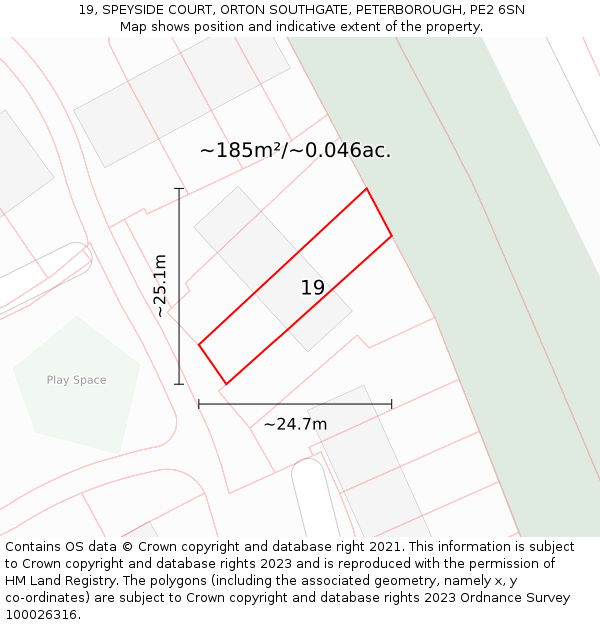 19, SPEYSIDE COURT, ORTON SOUTHGATE, PETERBOROUGH, PE2 6SN: Plot and title map