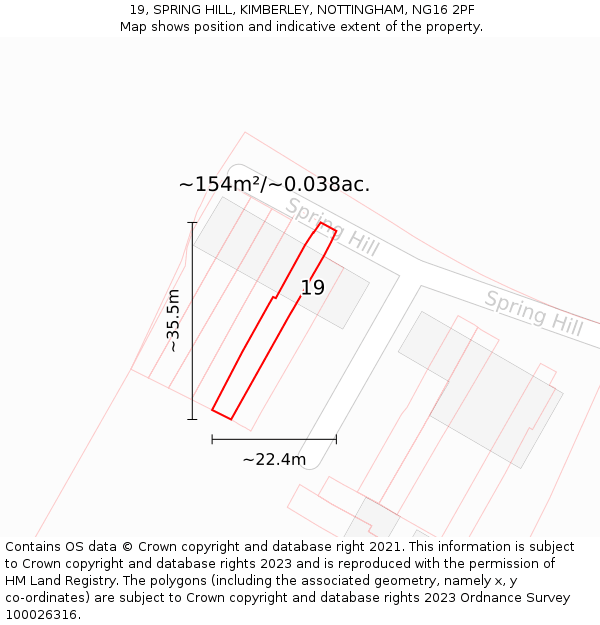 19, SPRING HILL, KIMBERLEY, NOTTINGHAM, NG16 2PF: Plot and title map