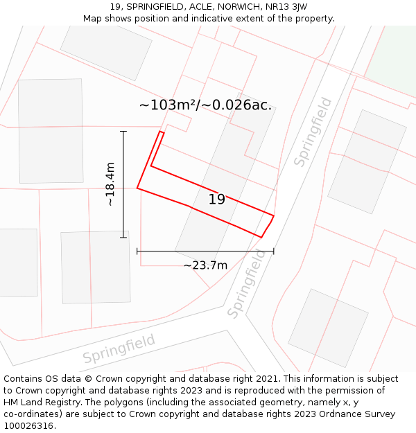 19, SPRINGFIELD, ACLE, NORWICH, NR13 3JW: Plot and title map