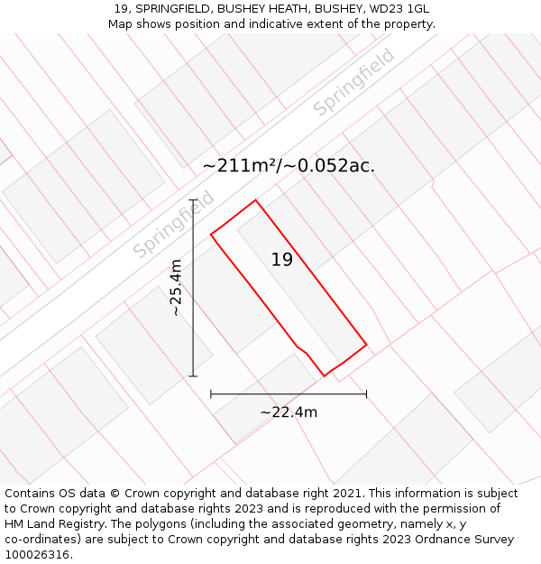 19, SPRINGFIELD, BUSHEY HEATH, BUSHEY, WD23 1GL: Plot and title map
