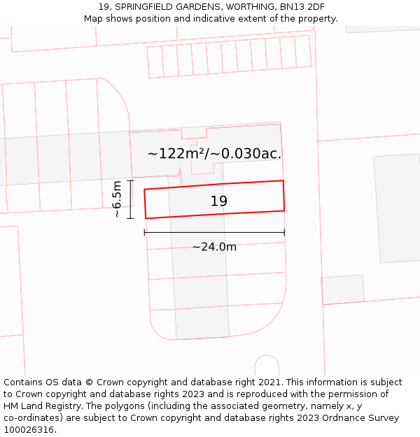 19, SPRINGFIELD GARDENS, WORTHING, BN13 2DF: Plot and title map