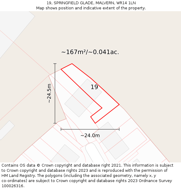 19, SPRINGFIELD GLADE, MALVERN, WR14 1LN: Plot and title map