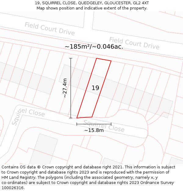 19, SQUIRREL CLOSE, QUEDGELEY, GLOUCESTER, GL2 4XT: Plot and title map
