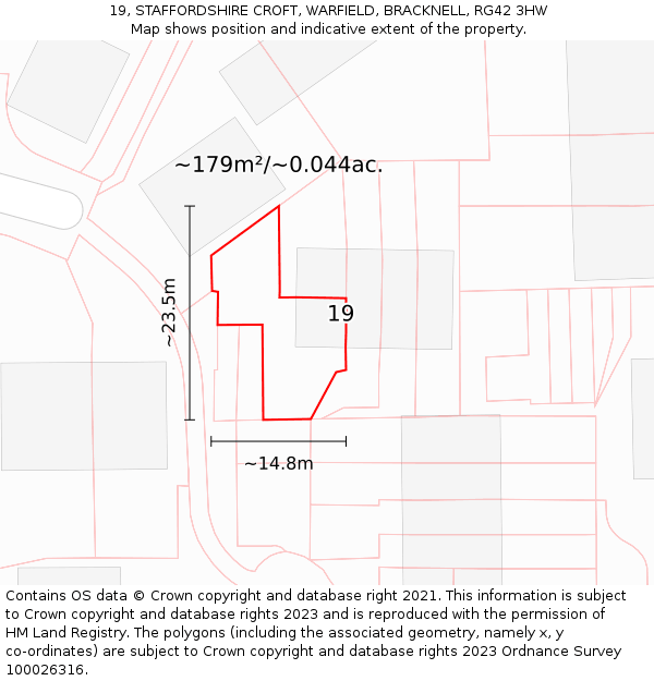 19, STAFFORDSHIRE CROFT, WARFIELD, BRACKNELL, RG42 3HW: Plot and title map