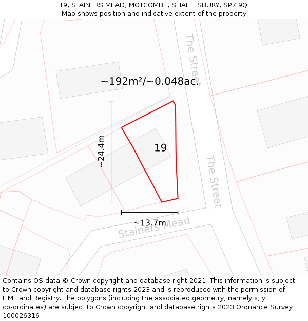 19, STAINERS MEAD, MOTCOMBE, SHAFTESBURY, SP7 9QF: Plot and title map