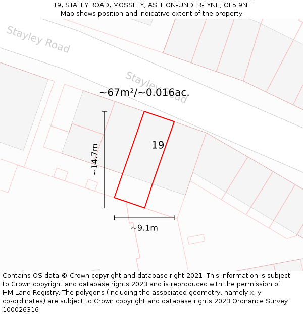 19, STALEY ROAD, MOSSLEY, ASHTON-UNDER-LYNE, OL5 9NT: Plot and title map