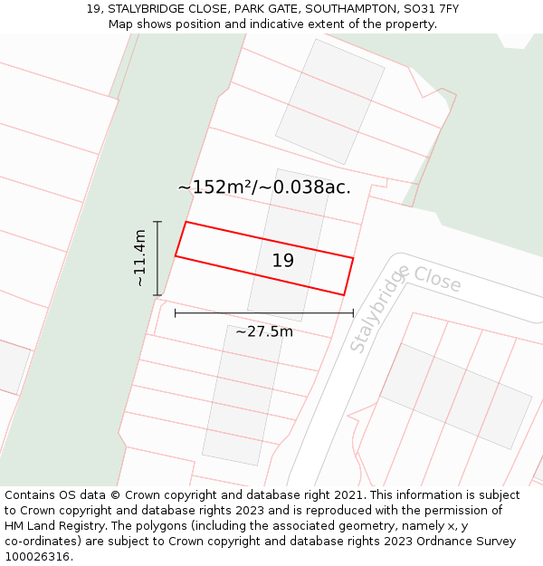 19, STALYBRIDGE CLOSE, PARK GATE, SOUTHAMPTON, SO31 7FY: Plot and title map