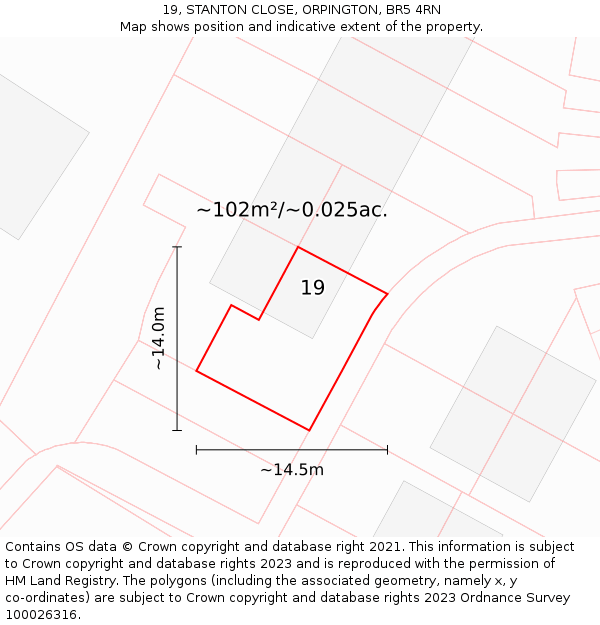 19, STANTON CLOSE, ORPINGTON, BR5 4RN: Plot and title map