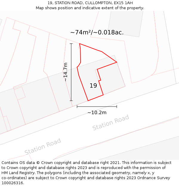 19, STATION ROAD, CULLOMPTON, EX15 1AH: Plot and title map