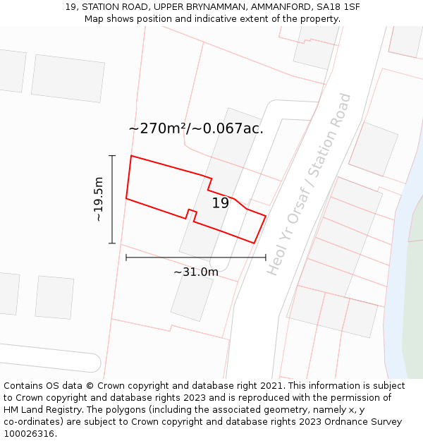 19, STATION ROAD, UPPER BRYNAMMAN, AMMANFORD, SA18 1SF: Plot and title map