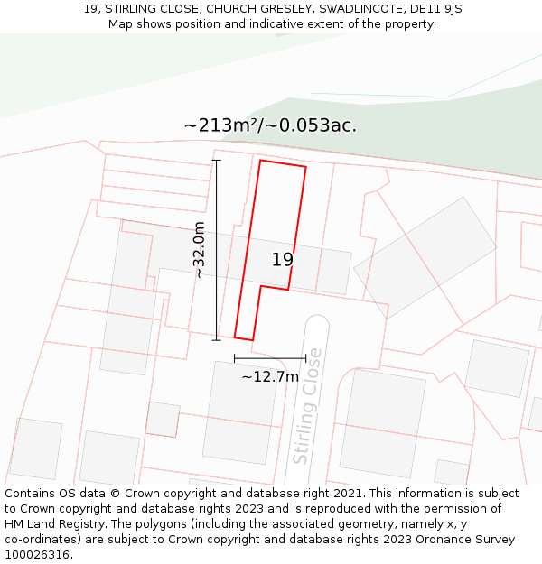 19, STIRLING CLOSE, CHURCH GRESLEY, SWADLINCOTE, DE11 9JS: Plot and title map
