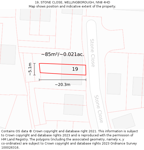 19, STONE CLOSE, WELLINGBOROUGH, NN8 4HD: Plot and title map