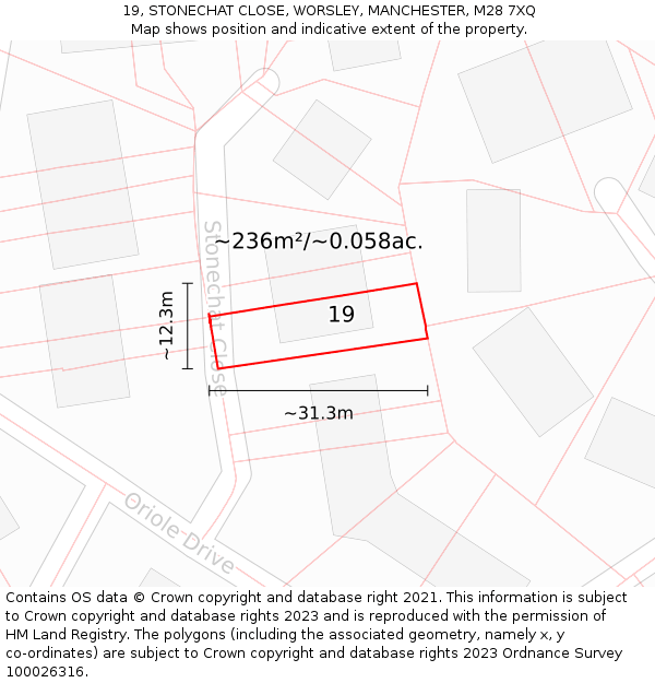 19, STONECHAT CLOSE, WORSLEY, MANCHESTER, M28 7XQ: Plot and title map