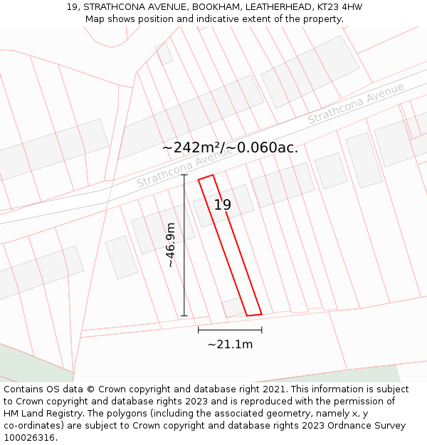 19, STRATHCONA AVENUE, BOOKHAM, LEATHERHEAD, KT23 4HW: Plot and title map