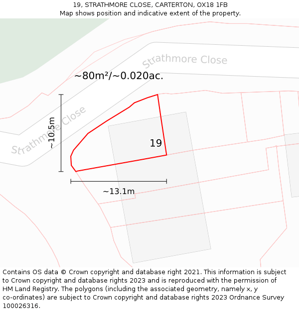 19, STRATHMORE CLOSE, CARTERTON, OX18 1FB: Plot and title map
