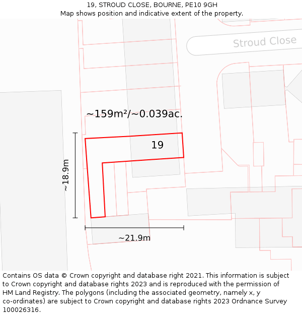 19, STROUD CLOSE, BOURNE, PE10 9GH: Plot and title map