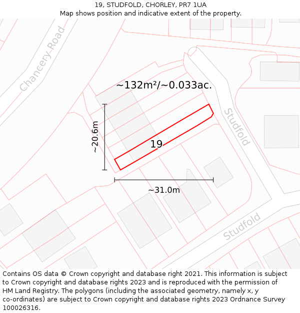 19, STUDFOLD, CHORLEY, PR7 1UA: Plot and title map