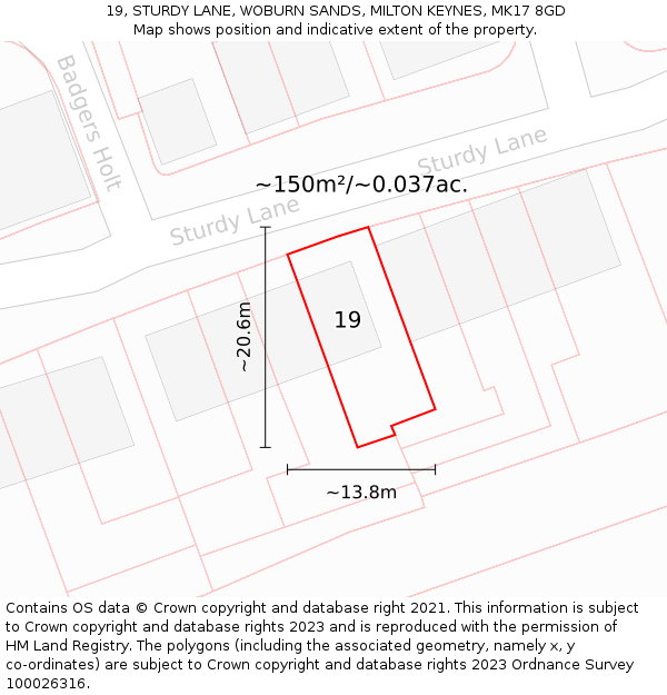 19, STURDY LANE, WOBURN SANDS, MILTON KEYNES, MK17 8GD: Plot and title map