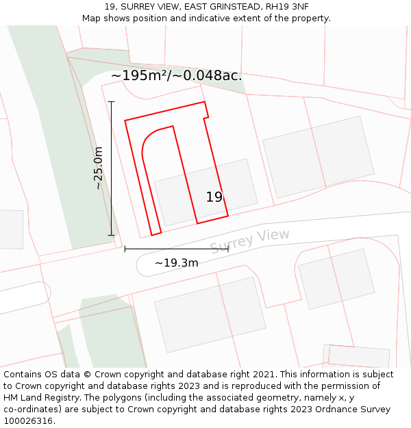 19, SURREY VIEW, EAST GRINSTEAD, RH19 3NF: Plot and title map