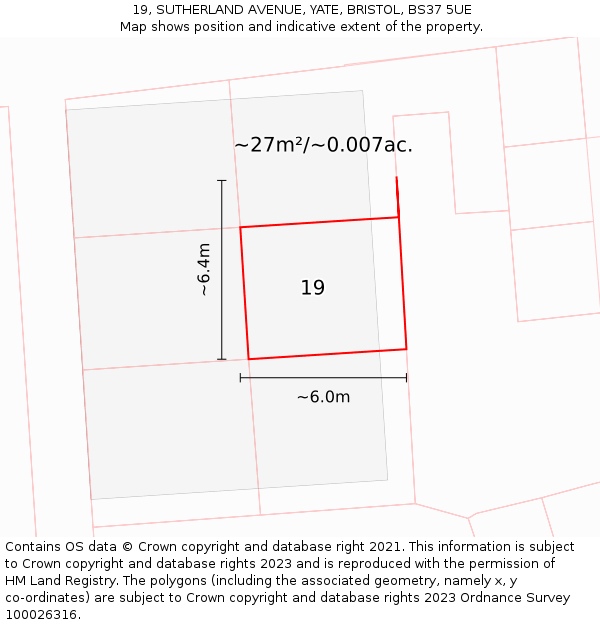 19, SUTHERLAND AVENUE, YATE, BRISTOL, BS37 5UE: Plot and title map