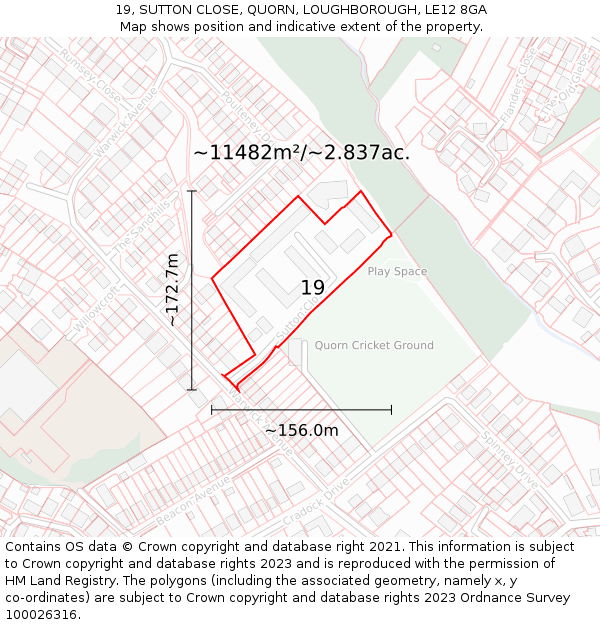 19, SUTTON CLOSE, QUORN, LOUGHBOROUGH, LE12 8GA: Plot and title map