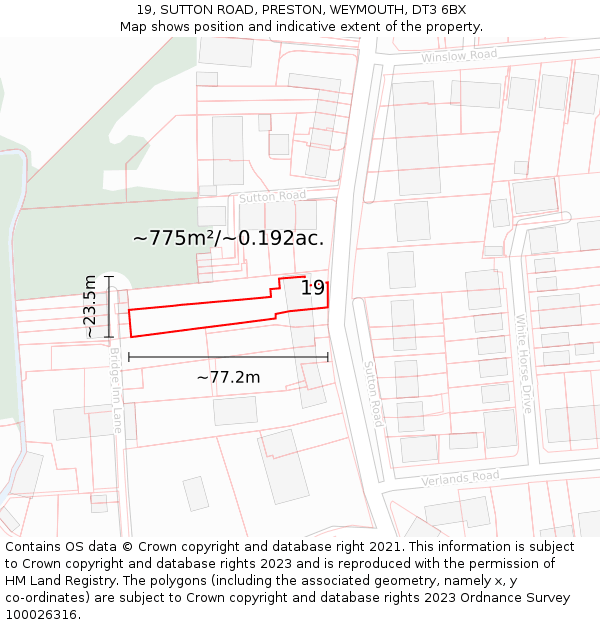 19, SUTTON ROAD, PRESTON, WEYMOUTH, DT3 6BX: Plot and title map
