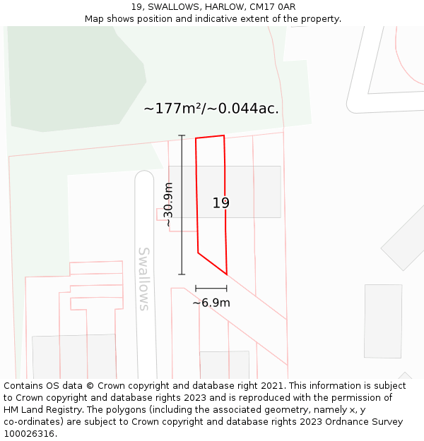 19, SWALLOWS, HARLOW, CM17 0AR: Plot and title map