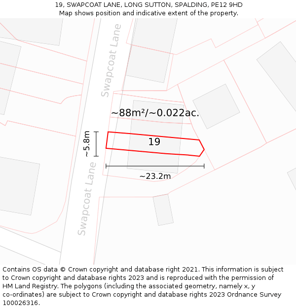 19, SWAPCOAT LANE, LONG SUTTON, SPALDING, PE12 9HD: Plot and title map