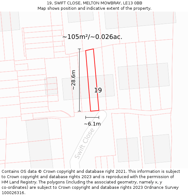 19, SWIFT CLOSE, MELTON MOWBRAY, LE13 0BB: Plot and title map