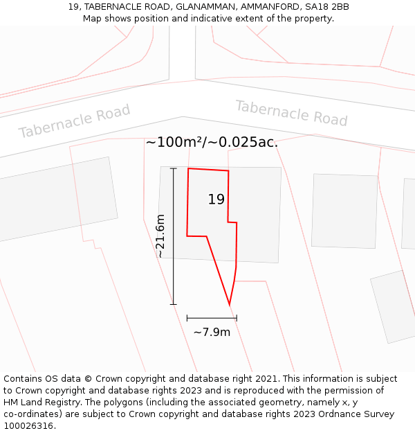 19, TABERNACLE ROAD, GLANAMMAN, AMMANFORD, SA18 2BB: Plot and title map