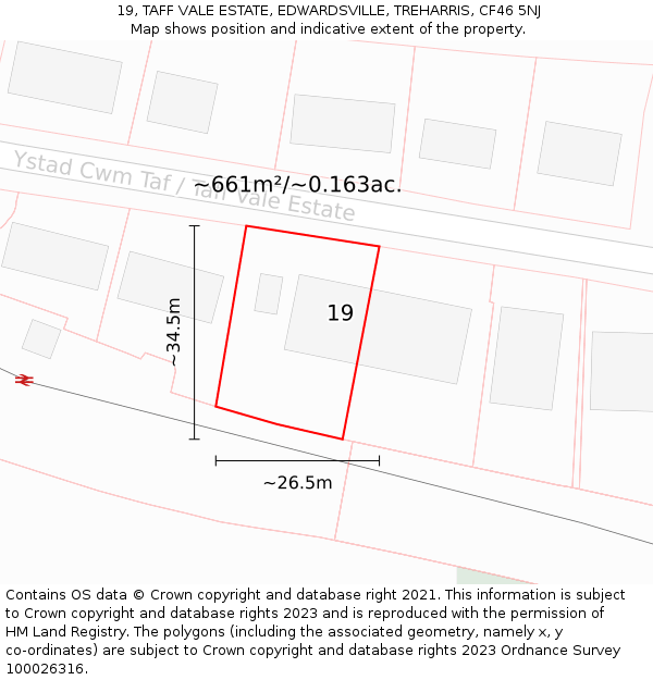 19, TAFF VALE ESTATE, EDWARDSVILLE, TREHARRIS, CF46 5NJ: Plot and title map