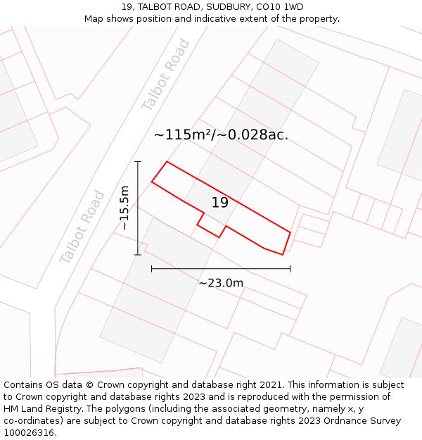 19, TALBOT ROAD, SUDBURY, CO10 1WD: Plot and title map