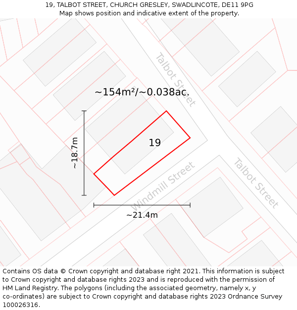19, TALBOT STREET, CHURCH GRESLEY, SWADLINCOTE, DE11 9PG: Plot and title map