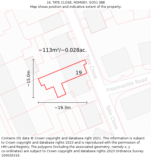 19, TATE CLOSE, ROMSEY, SO51 0BE: Plot and title map