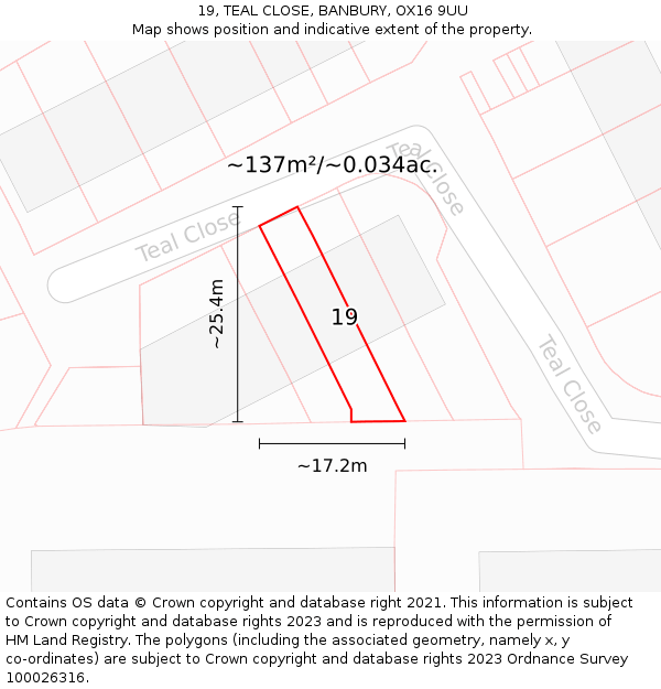 19, TEAL CLOSE, BANBURY, OX16 9UU: Plot and title map